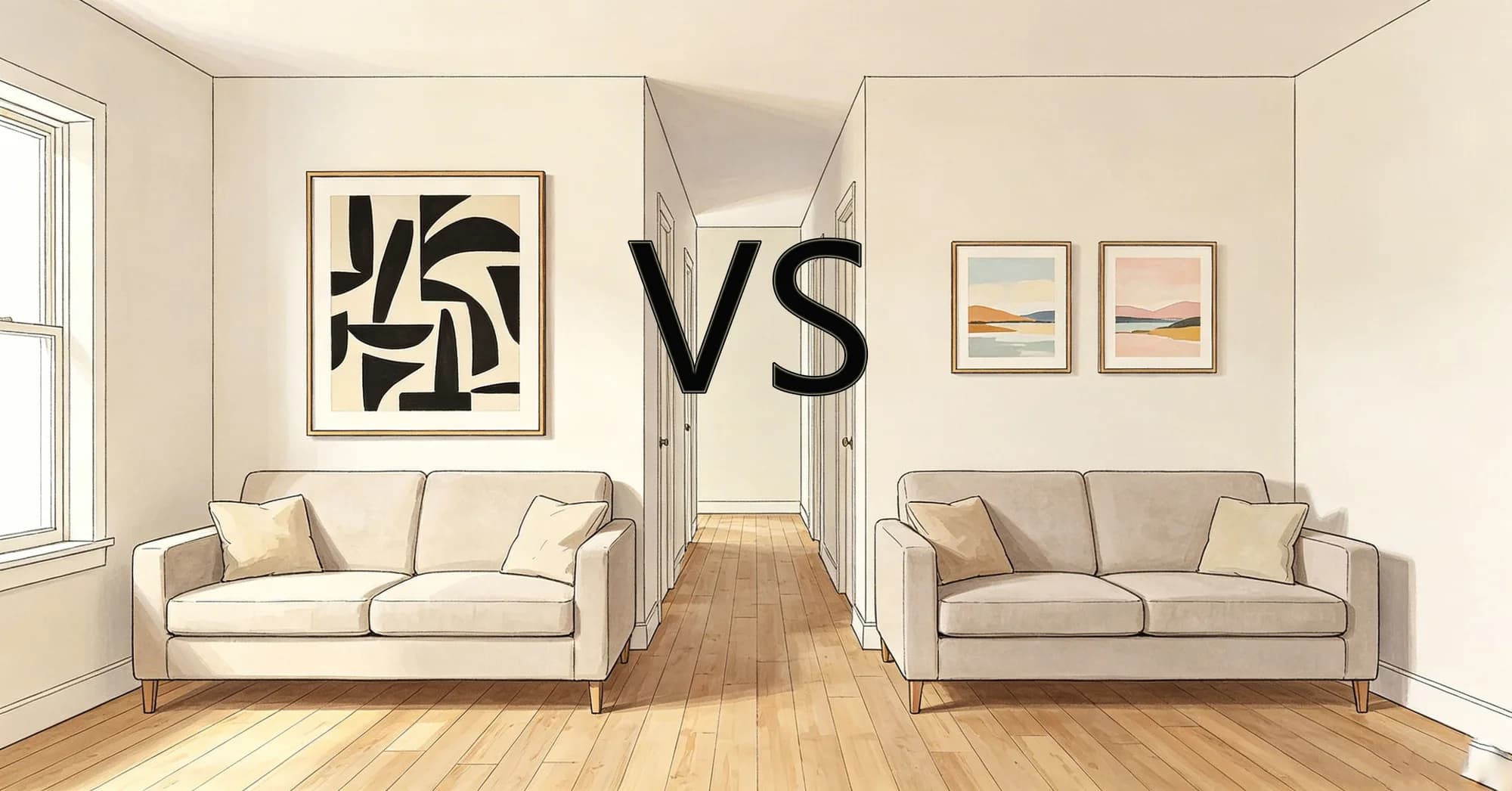One large artwork vs two smaller pieces: which layout fits a narrow living room better