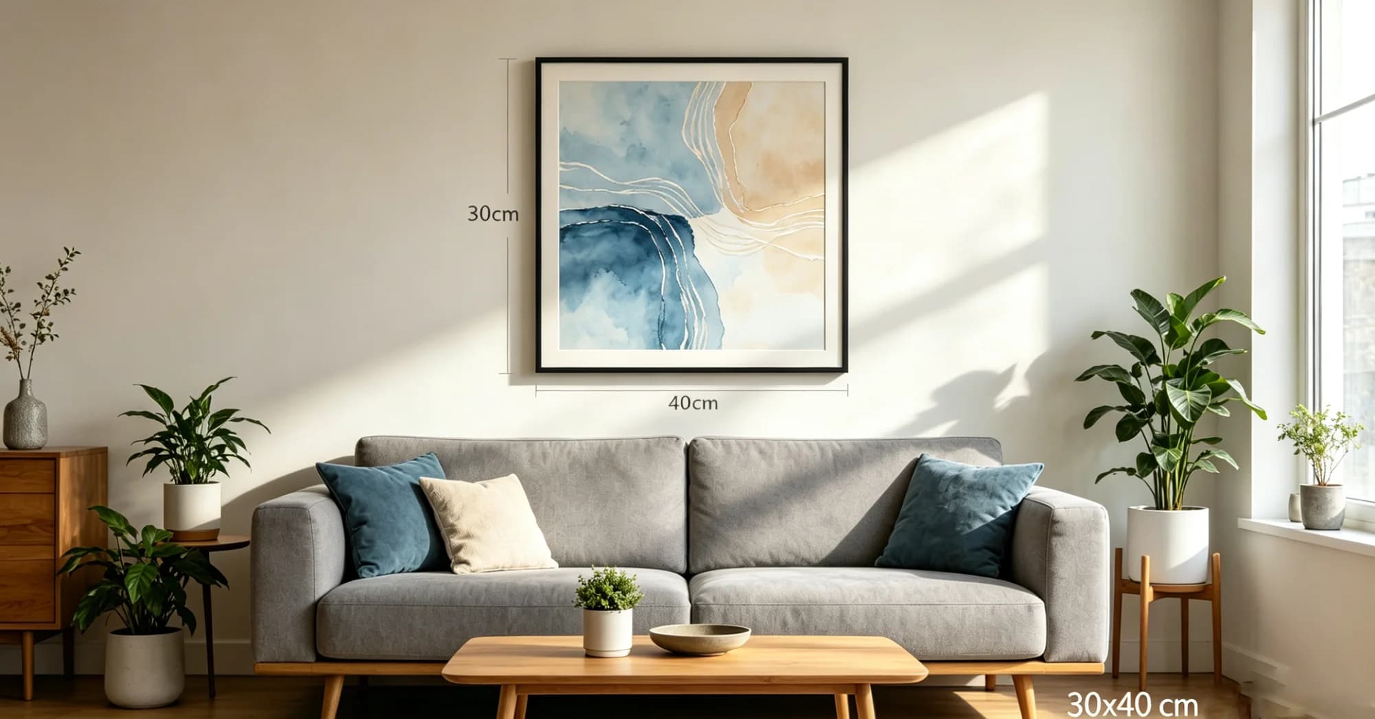 Is a 30x40 cm wall art piece too small for a 12x14 foot living room