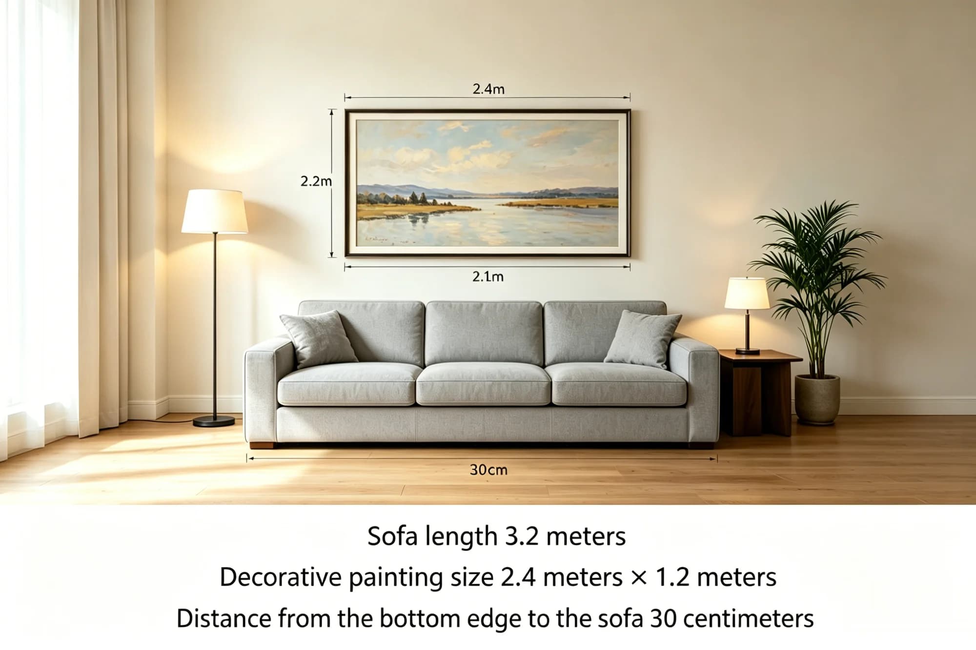 What size large wall decor works best above a sofa in an open plan living room