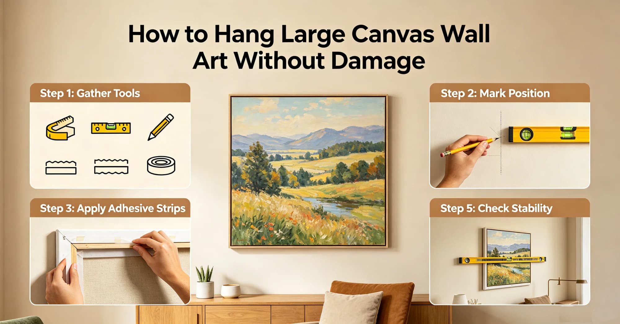 How to hang a big canvas wall art without damaging the wall in a rented apartment