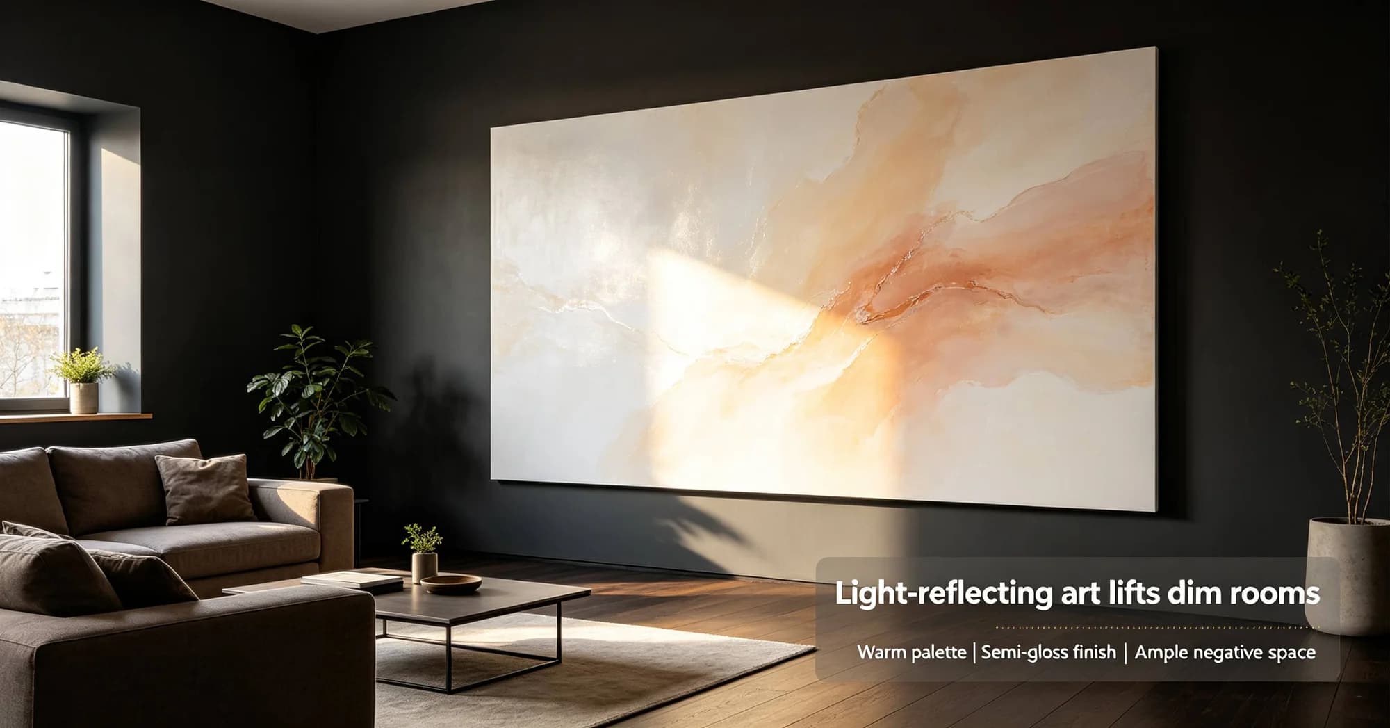 What wall art brightens dark living rooms with little natural light