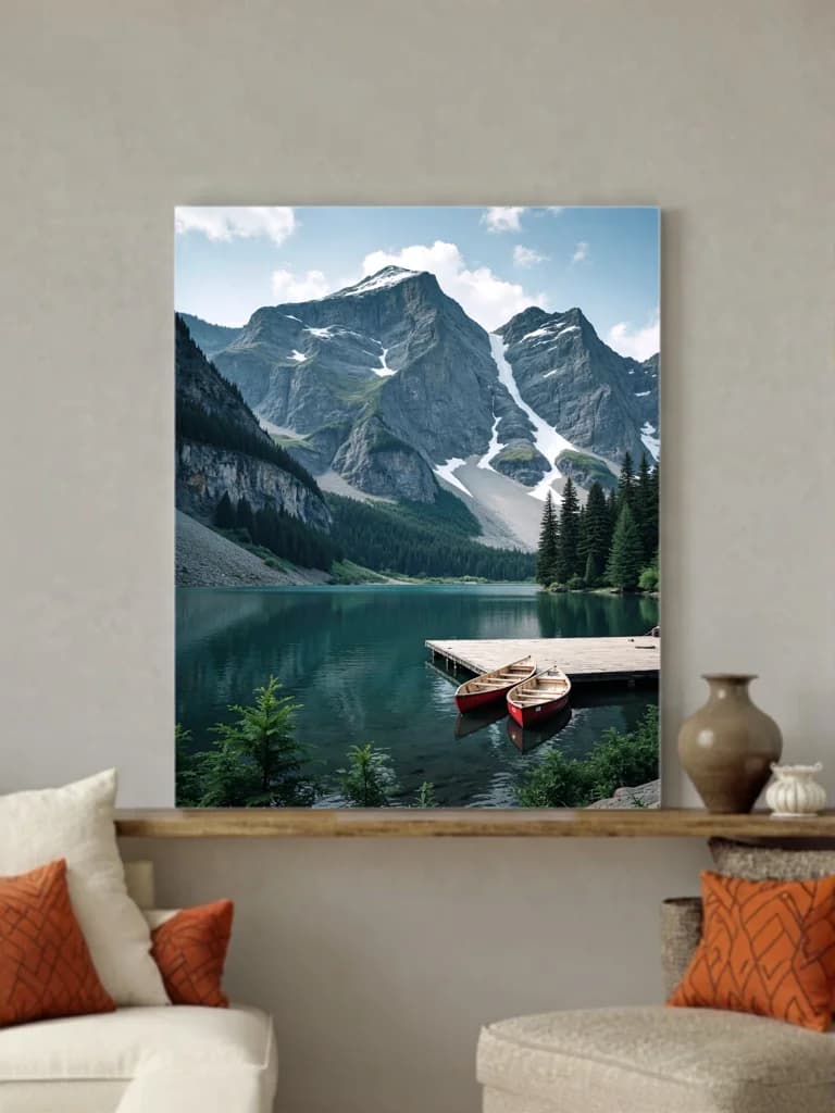 Mountain Lake Red Canoes Dock Canvas Wall Art for Living Room Decor