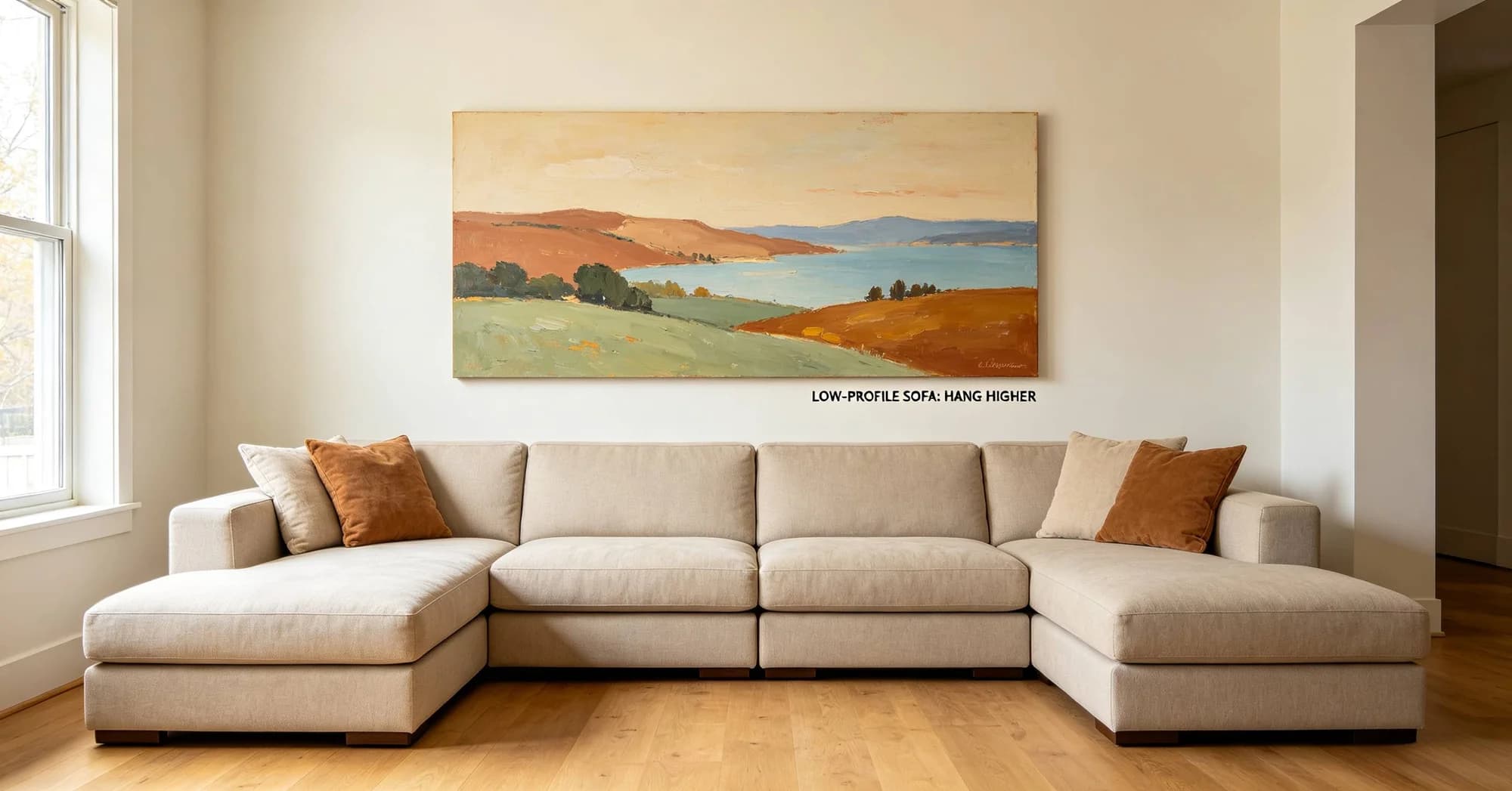 Should canvas art be hung higher above a low-profile couch than a standard one