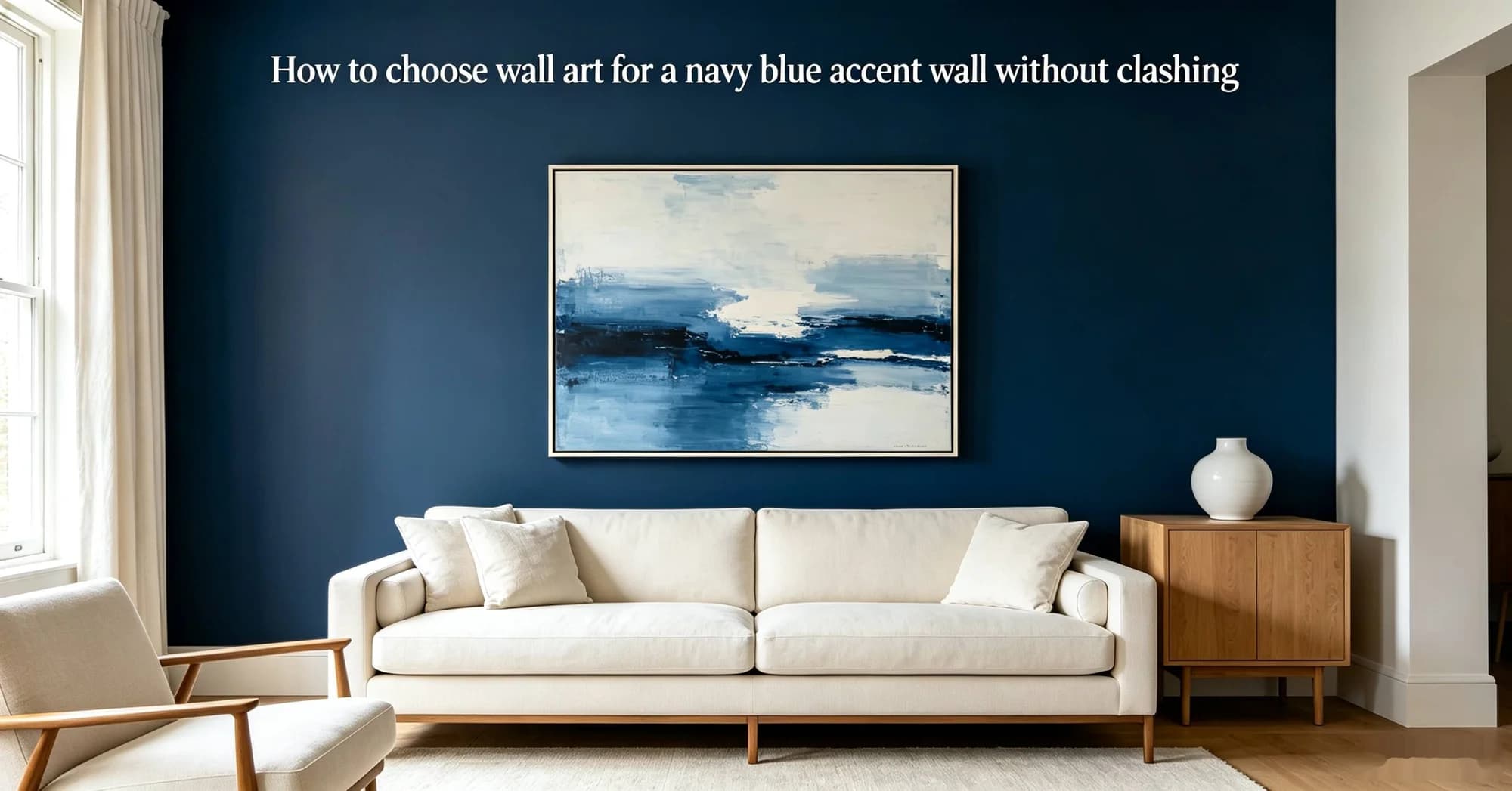 How to choose wall art for a navy blue accent wall without clashing