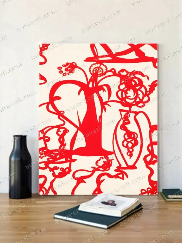 Red Abstract Floral & Vase Canvas Wall Art for Living Room Decor — art print