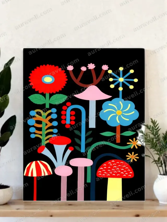 Colorful Abstract Floral & Mushroom Canvas Wall Art for Home Decor — art print