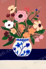 Floral Canvas Wall Art with Blue White Vase for and framed modern home decor