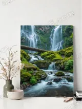 Waterfall & Mossy Rocks Nature Canvas Wall Art for Living Room Decor