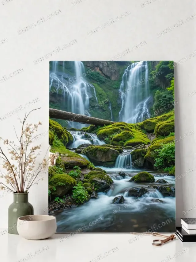 Waterfall & Mossy Rocks Nature Canvas Wall Art for Living Room Decor — art print