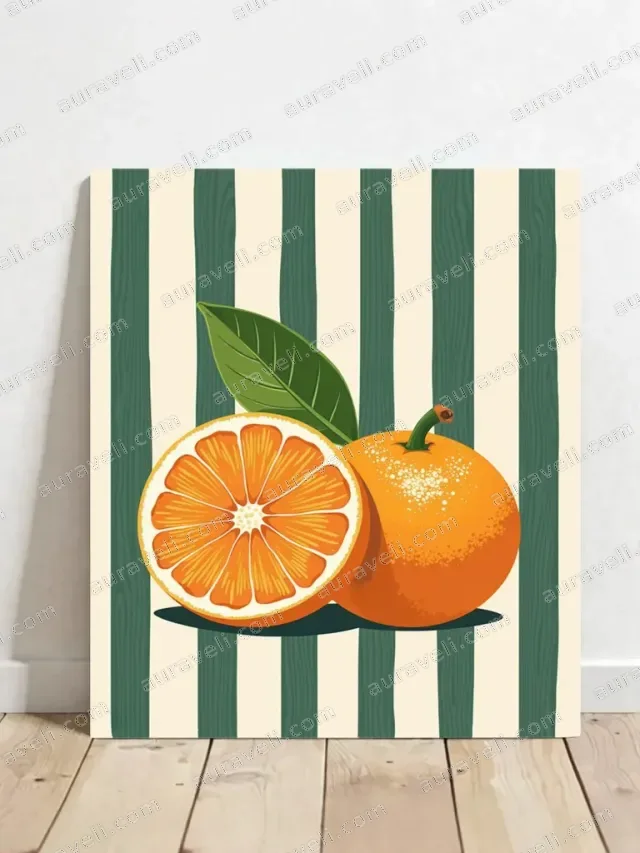 Sliced & Whole Orange Canvas Wall Art with Green Stripes for Home Decor — art print