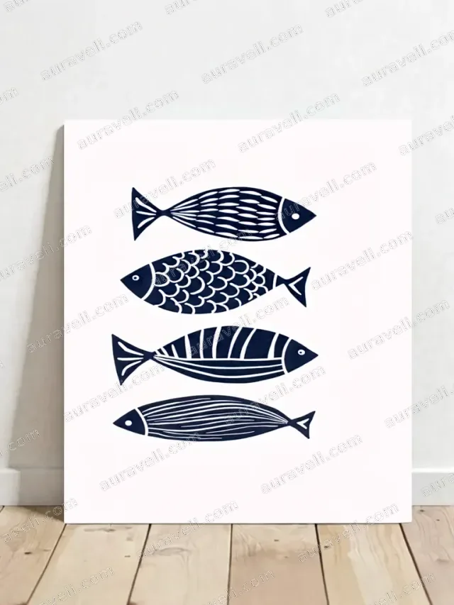 Navy Blue Fish Minimalist Canvas Wall Art for Home Decor — art print