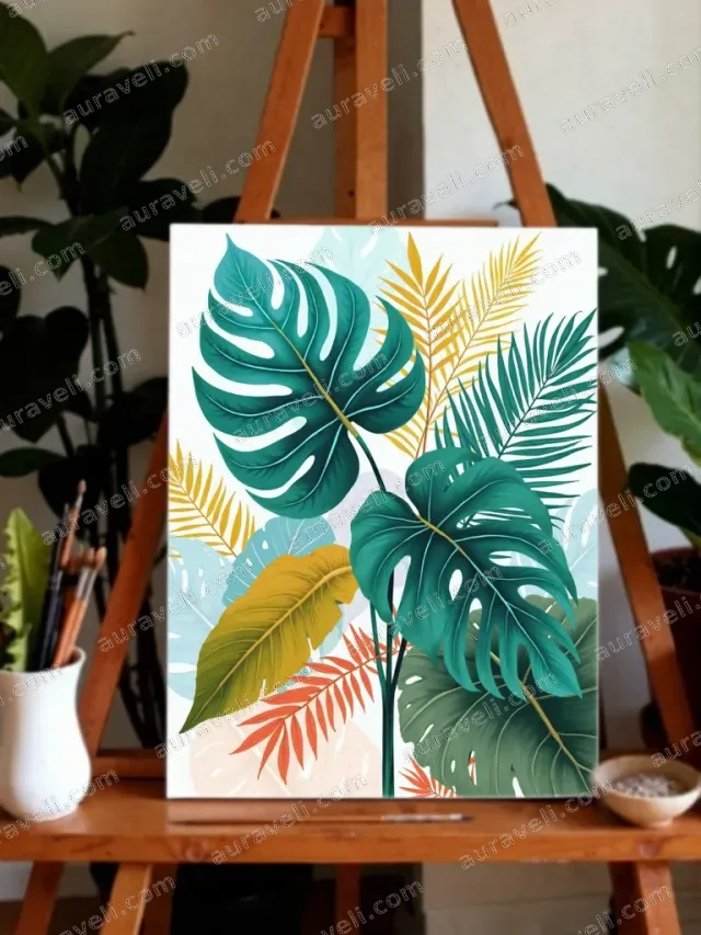 Tropical Monstera & Palm Leaf Canvas Wall Art for Living Room Bedroom Home Decor — art print