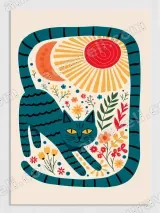 Teal Cat Floral Sun Moon Canvas Wall Art for Living Room Home Decor – view 3