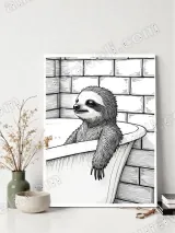 Sloth in Bathtub Line Art Wall Art for Bathroom Home Decor