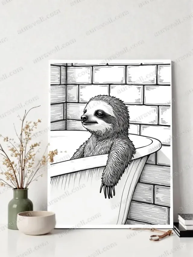 Sloth in Bathtub Line Art Wall Art for Bathroom Home Decor — art print