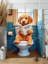 Funny Dog Reading Newspaper on Toilet Canvas Wall Art for Bathroom Decor