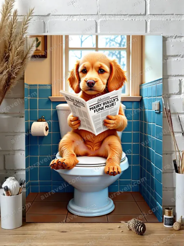 Funny Dog Reading Newspaper on Toilet Canvas Wall Art for Bathroom Decor — art print