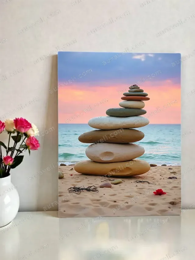 Balanced Stones Beach Sunset Canvas Wall Art for Home Decor — art print