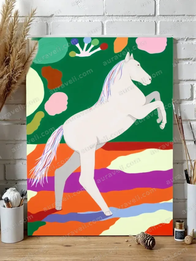 Colorful Rearing White Horse Canvas Wall Art for Home Decor — art print