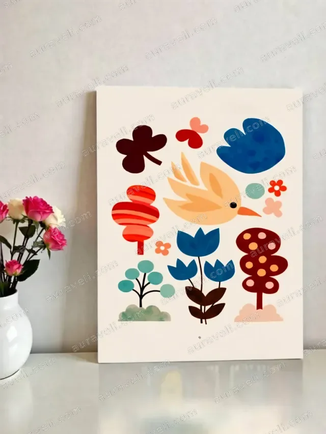 Whimsical Bird & Floral Canvas Wall Art for Nursery Home Decor — art print