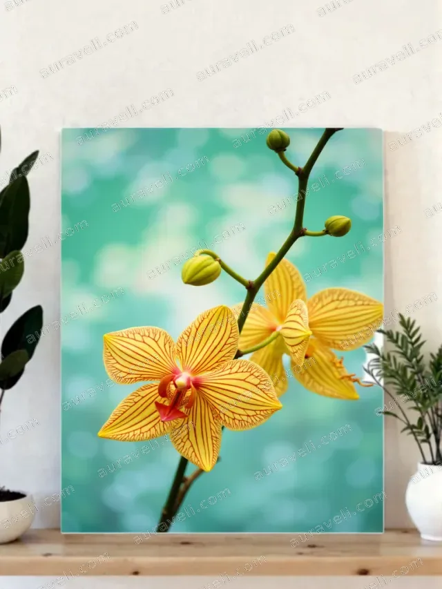 Yellow Striped Orchid Floral Canvas Wall Art for Living Room Home Decor — art print