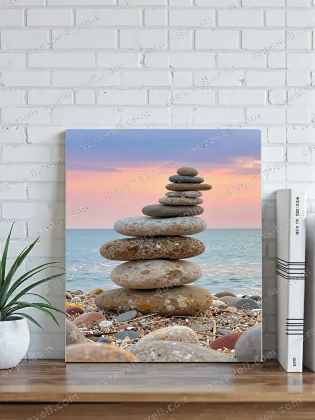 Stacked Stones Beach Sunset Canvas Wall Art for Home Decor — art print