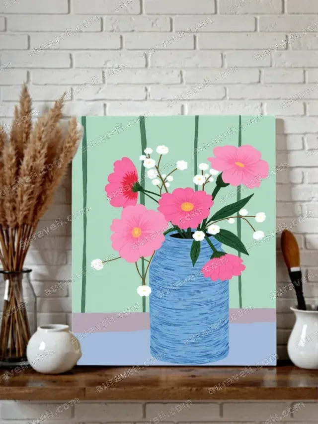 Pink Floral Blue Vase Canvas Wall Art for Living Room Bedroom Home Decor — art print