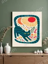 Teal Cat Floral Sun Moon Canvas Wall Art for Living Room Home Decor