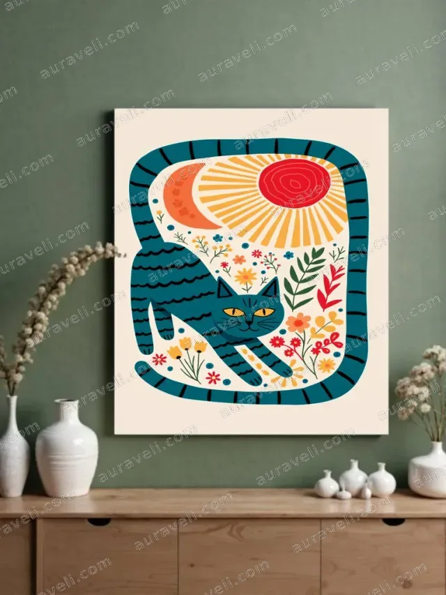 Teal Cat Floral Sun Moon Canvas Wall Art for Living Room Home Decor — art print