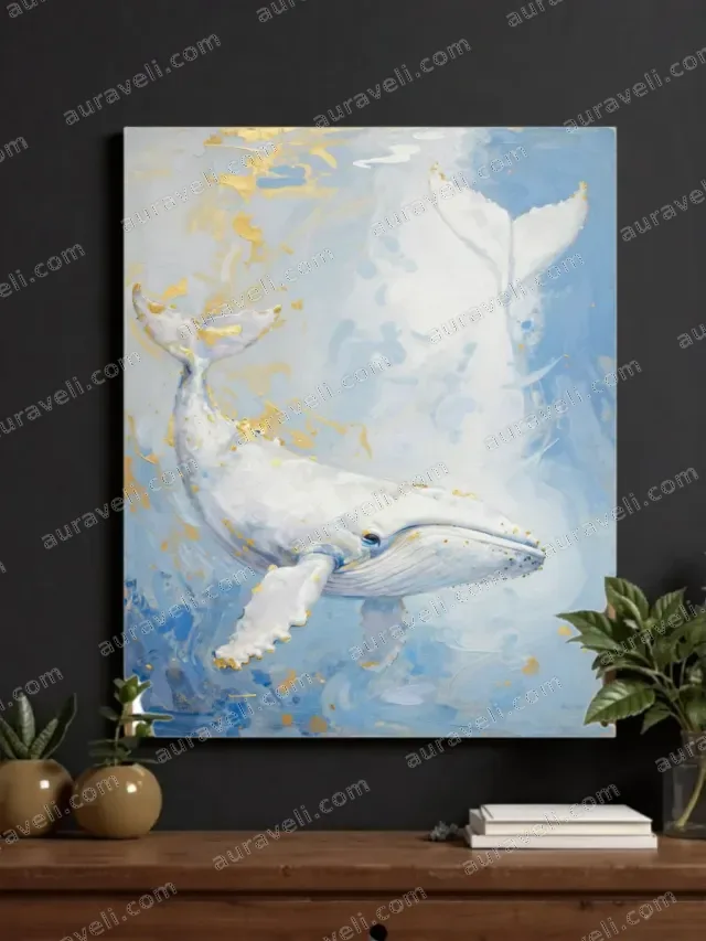 White Whale with Gold Accents Canvas Wall Art for Living Room Home Decor — art print