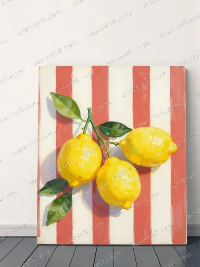 Lemons on Red-White Striped Canvas Wall Art for Home Decor — art print