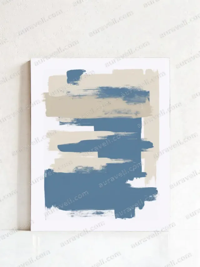 Abstract Blue & Beige Brush Stroke Minimalist Canvas Wall Art for Living Room Home Decor — art print