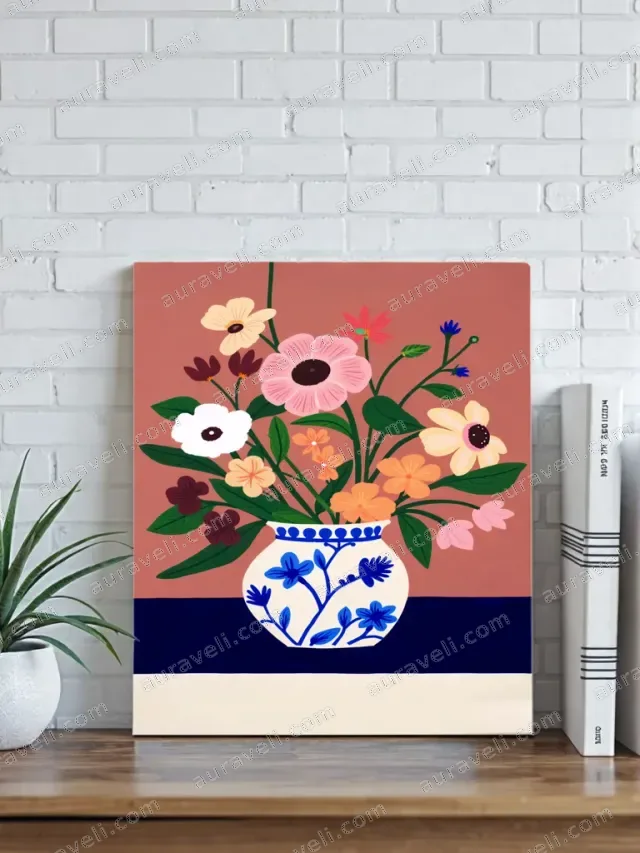 Floral Canvas Wall Art with Blue & White Vase for Living Room Home Decor — art print