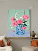 Pink Flower Bouquet in Blue Vase Canvas Wall Art for Living Room Home Decor – view 3