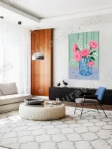 Pink Flower Bouquet in Blue Vase Canvas Wall Art for Living Room Home Decor – view 5
