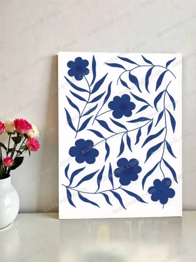Navy Blue Floral Botanical Canvas Wall Art for Home Decor — art print