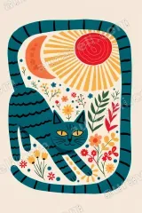 Teal Cat Floral Sun Moon Canvas Wall Art for framed modern home decor