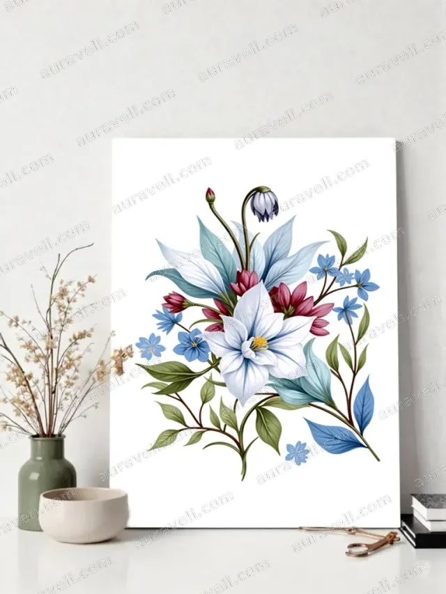 Blue White Red Floral Canvas Wall Art for Bedroom Living Room Home Decor — art print