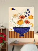 Whimsical Floral Blue Vase Canvas Wall Art for Living Room Decor