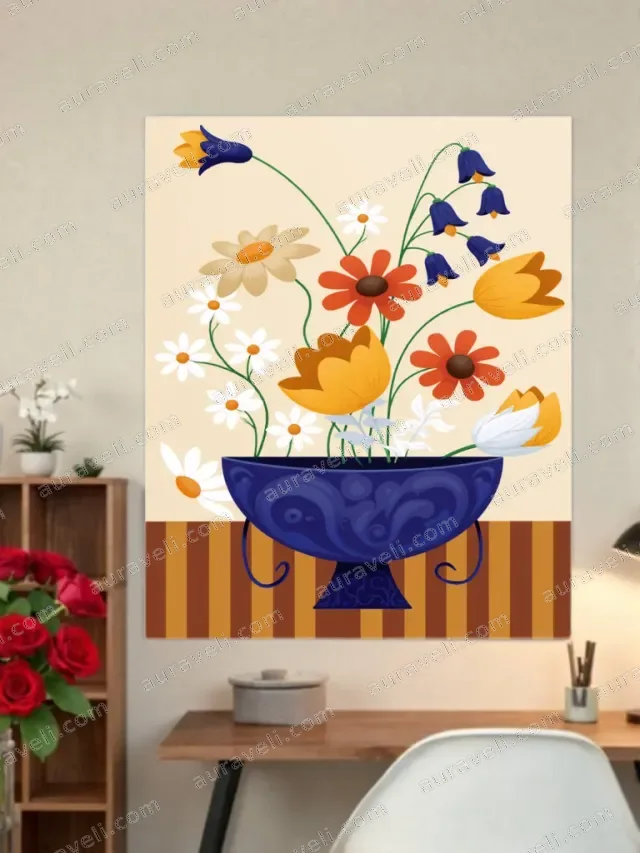 Whimsical Floral Blue Vase Canvas Wall Art for Living Room Decor — art print