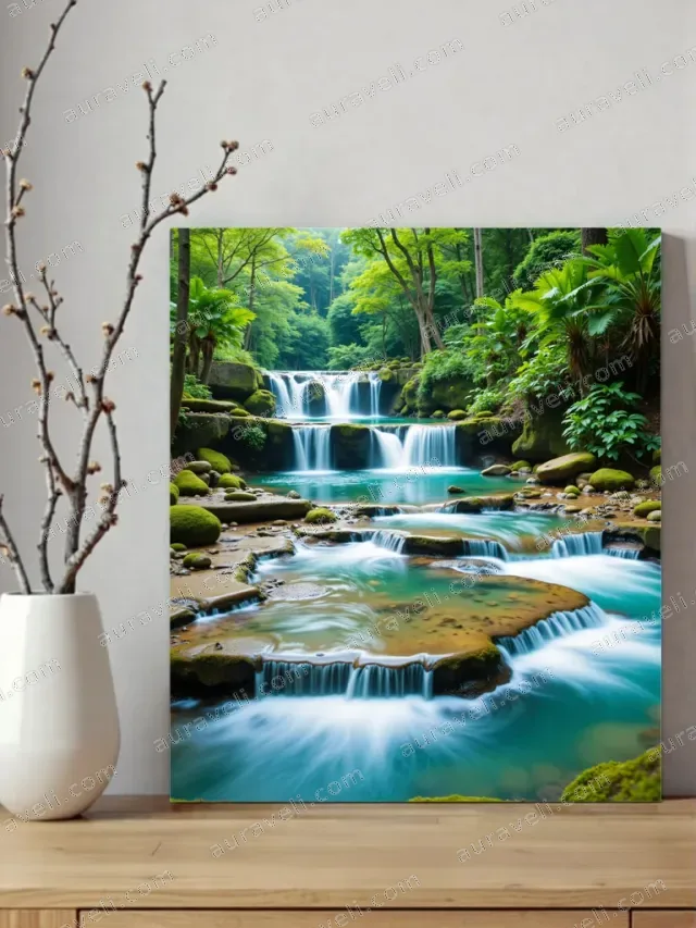 Turquoise Forest Waterfall Stream Canvas Wall Art for Living Room Home Decor — art print