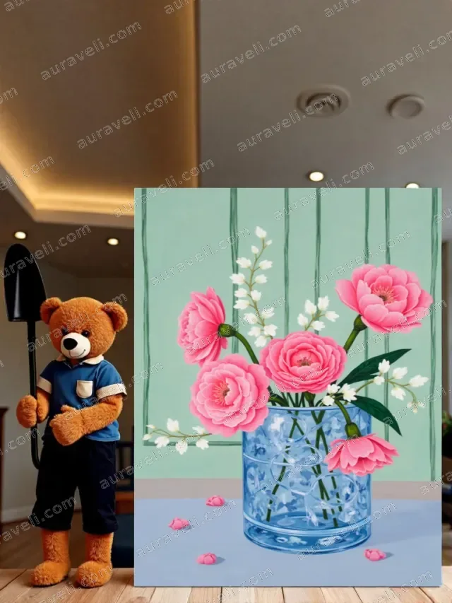 Pink Flower Bouquet in Blue Vase Canvas Wall Art for Living Room Home Decor — art print