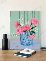 Pink Flower Bouquet in Blue Vase Canvas Wall Art for Living Room Home Decor – view 2