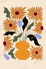 Boho Orange Floral Vase Canvas Wall Art for Living framed modern home decor