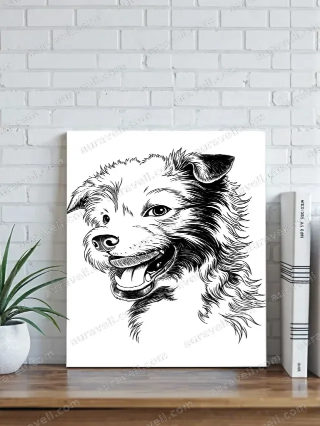 Happy Dog Black & White Line Art Canvas Wall Art for Home Decor — art print
