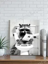 Raccoon Reading Newspaper on Toilet Canvas Wall Art for Bathroom Decor