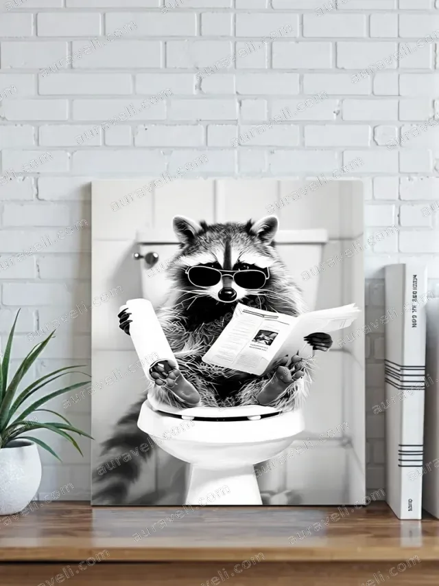 Raccoon Reading Newspaper on Toilet Canvas Wall Art for Bathroom Decor — art print