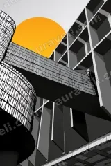Monochrome Architecture Canvas Wall Art with Orange Sun for framed modern home decor