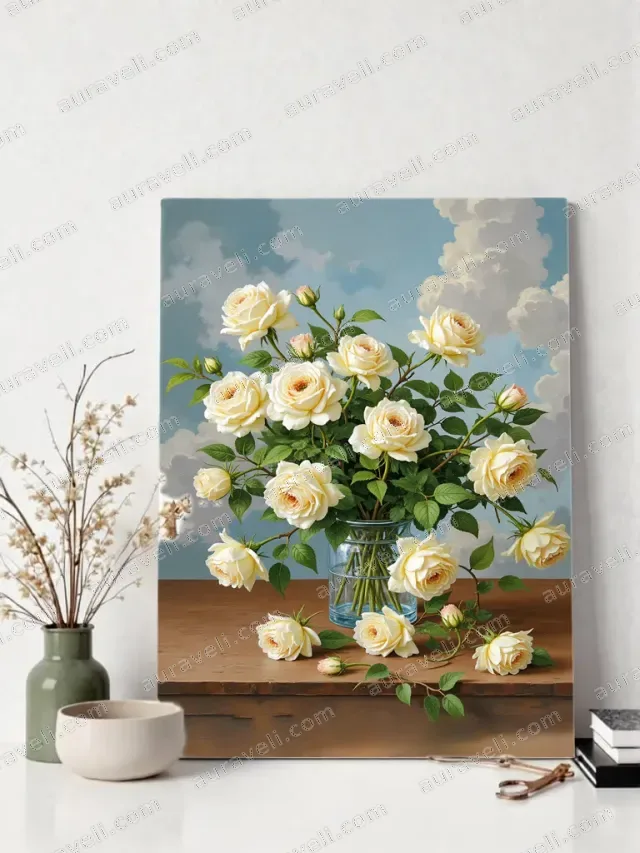 Cream Roses Bouquet Canvas Wall Art for Living Room Bedroom Home Decor — art print