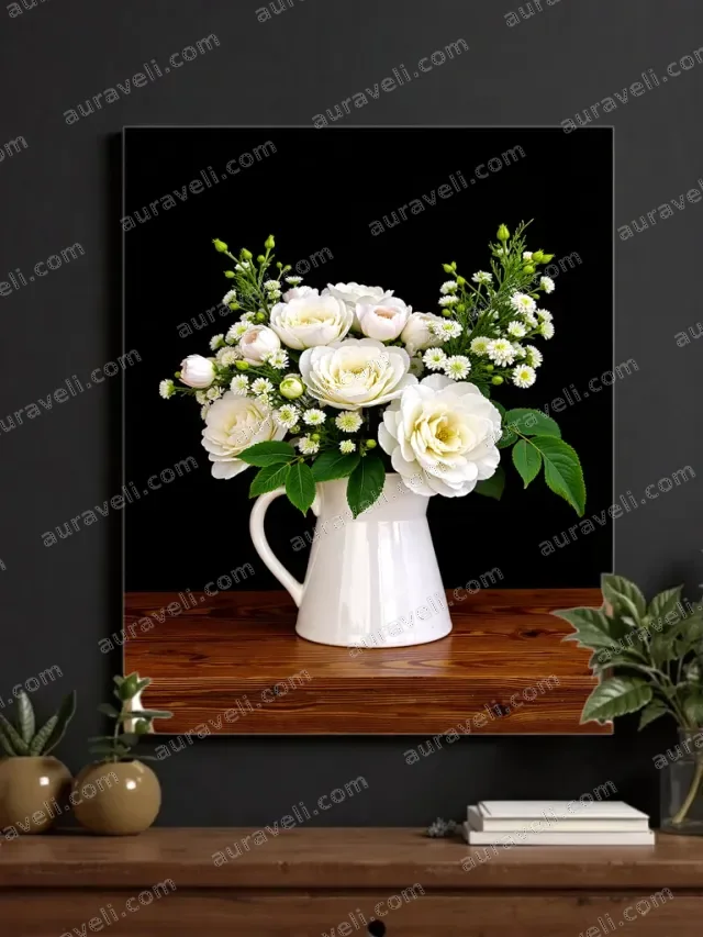 White Floral Bouquet Canvas Wall Art for Living Room Home Decor — art print